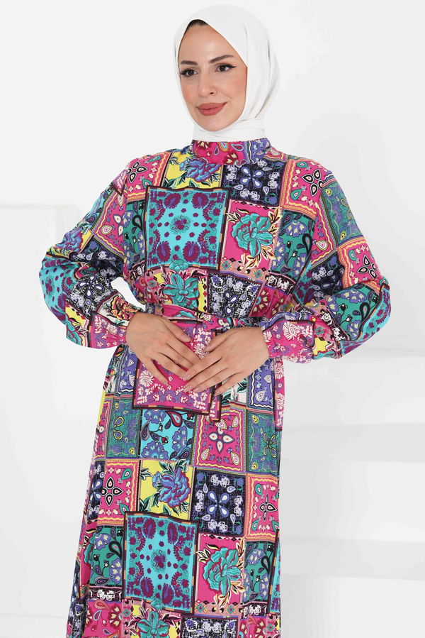 Kuşaklı Desenli Elbise - 27422 FUŞYA