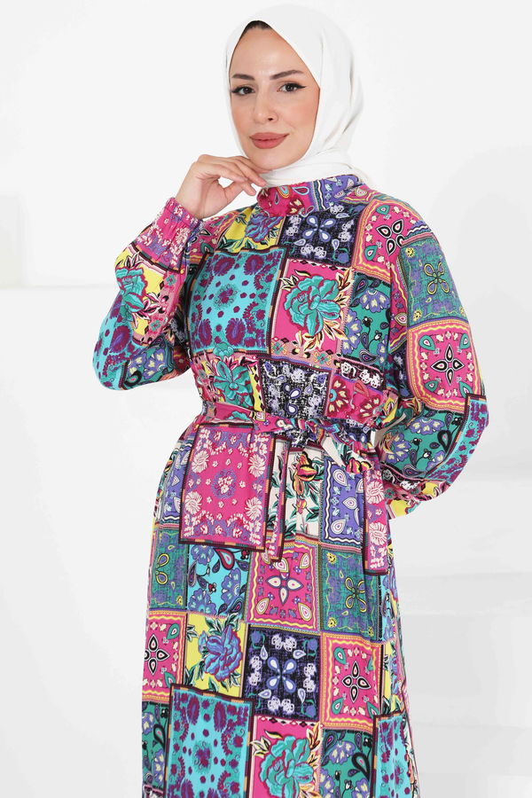 Kuşaklı Desenli Elbise - 27422 FUŞYA