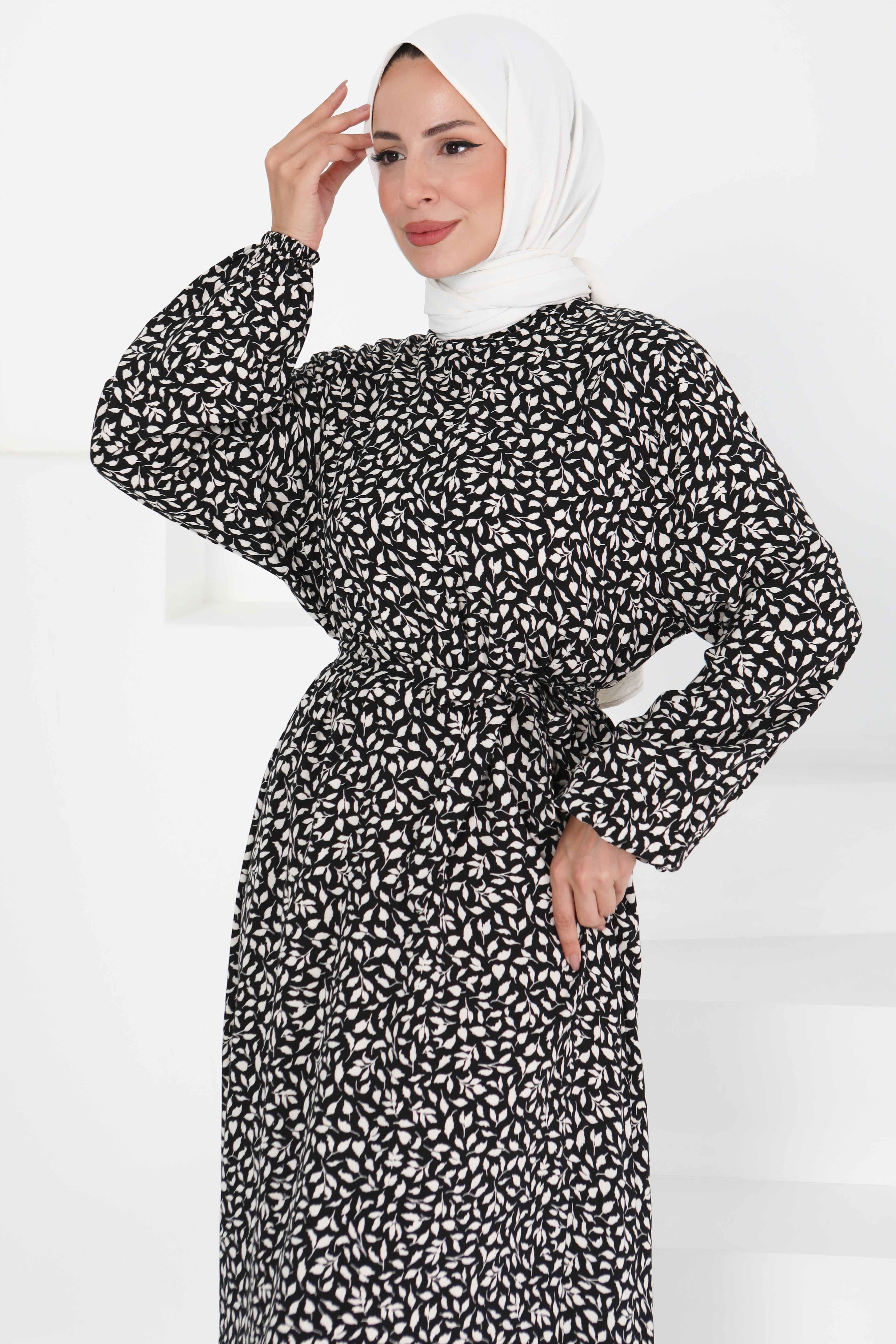 Desenli Kuşaklı Elbise - 27426 BEYAZ