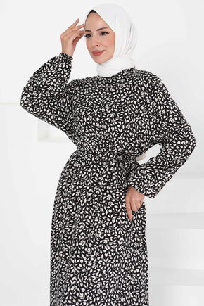 Desenli Kuşaklı Elbise - 27426