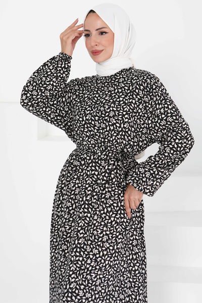 Desenli Kuşaklı Elbise - 27426 BEYAZ