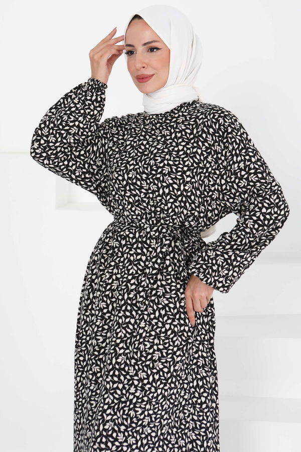Desenli Kuşaklı Elbise - 27426 BEYAZ
