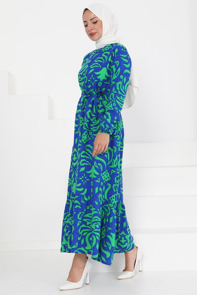 Kuşaklı Desenli Elbise - 27394 MAVİ