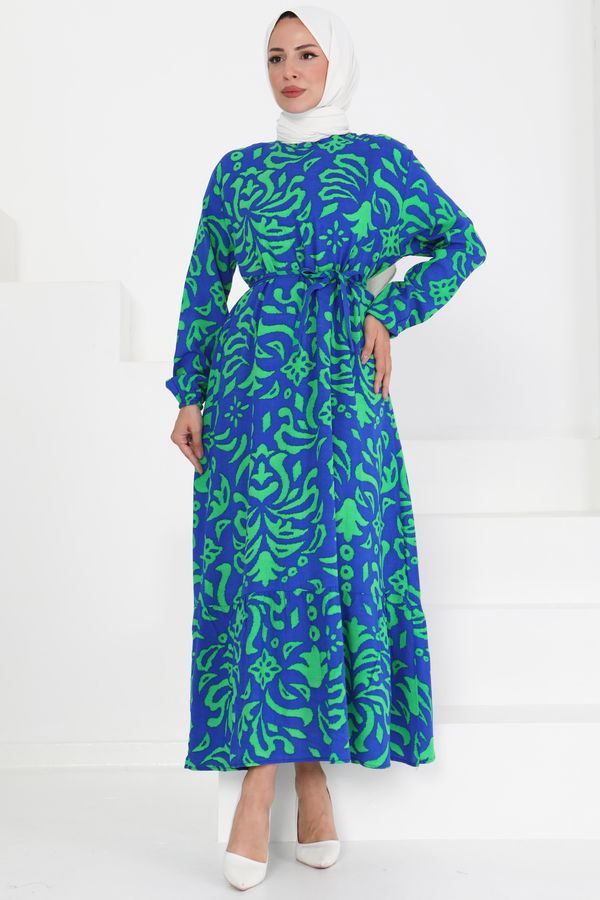Kuşaklı Desenli Elbise - 27394 MAVİ