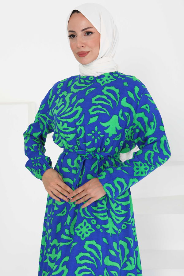 Kuşaklı Desenli Elbise - 27394 MAVİ