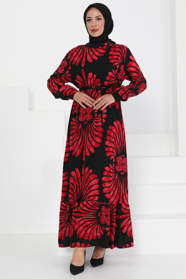 Kuşaklı Desenli Elbise - 27427 BORDO