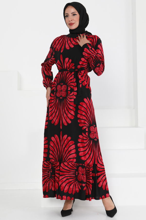 Kuşaklı Desenli Elbise - 27427 BORDO