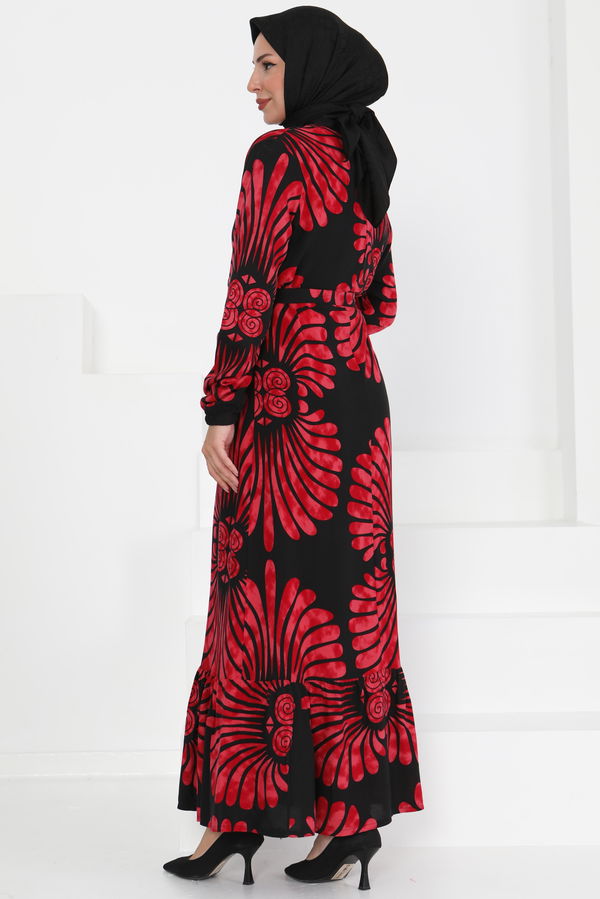 Kuşaklı Desenli Elbise - 27427 BORDO