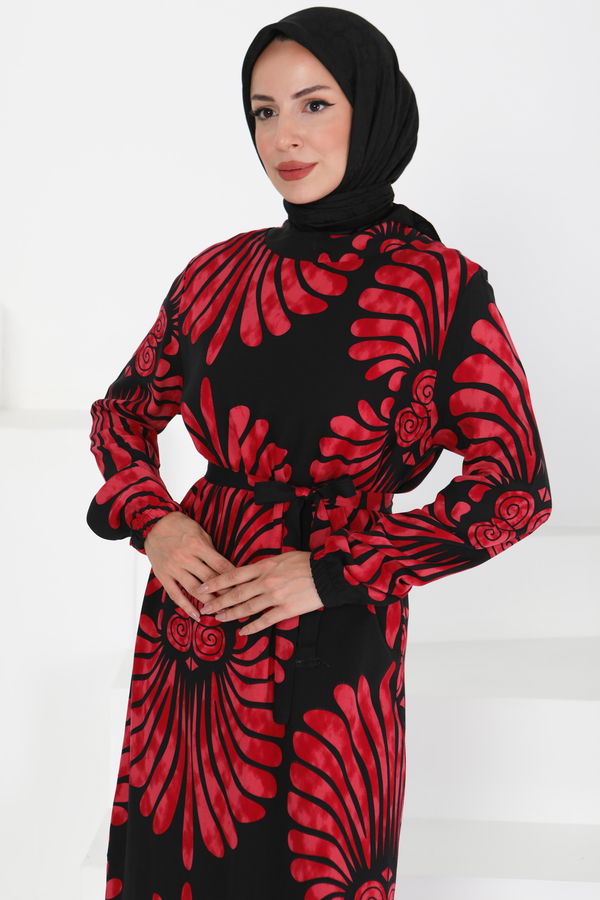 Kuşaklı Desenli Elbise - 27427 BORDO