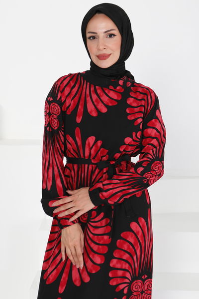 Kuşaklı Desenli Elbise - 27427 BORDO