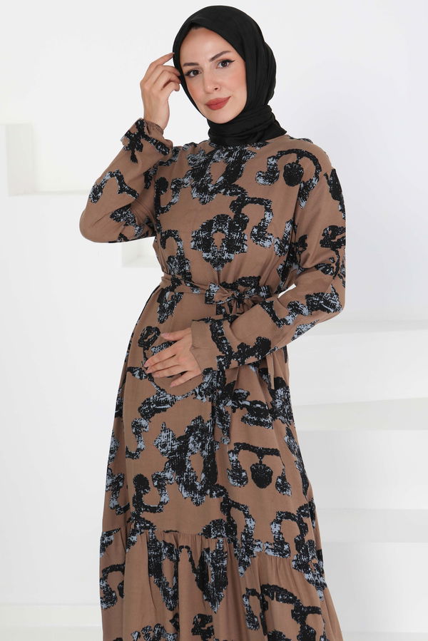 Desenli Kuşaklı Elbise - 27429 VİZON