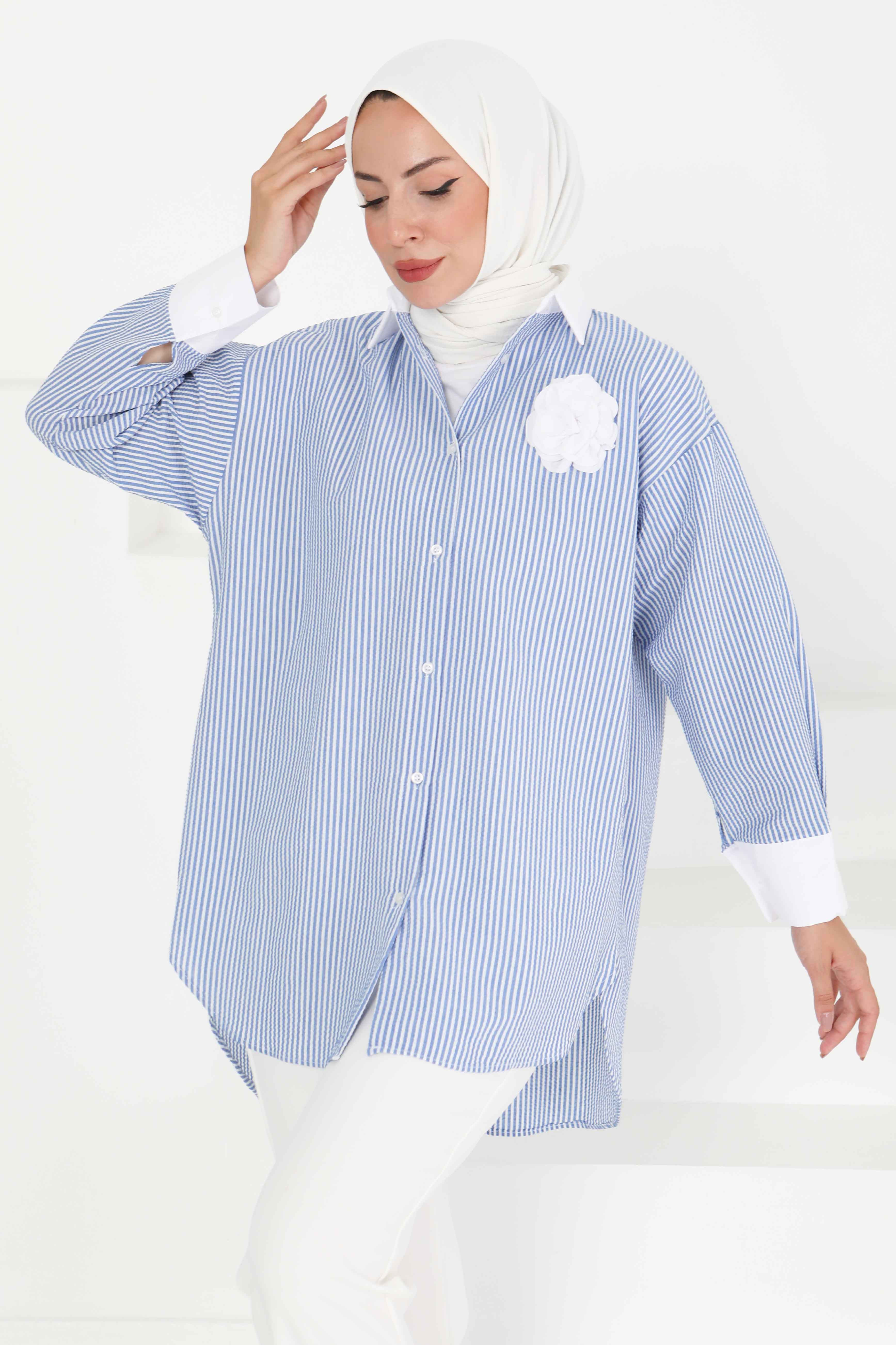 Gül Detaylı Tunik - 27434 MAVİ