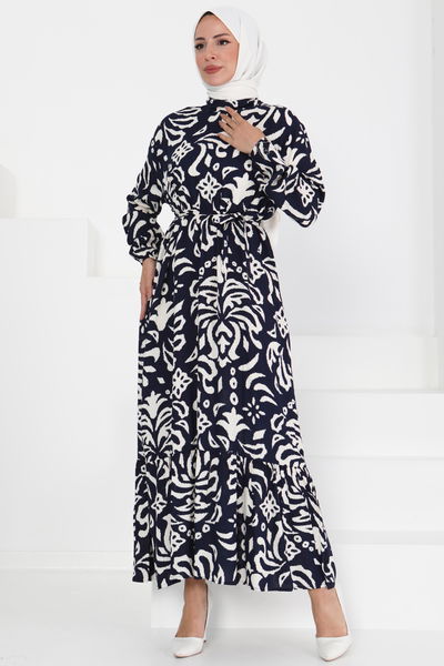 Kuşaklı Desenli Elbise - 27394 LACİVERT