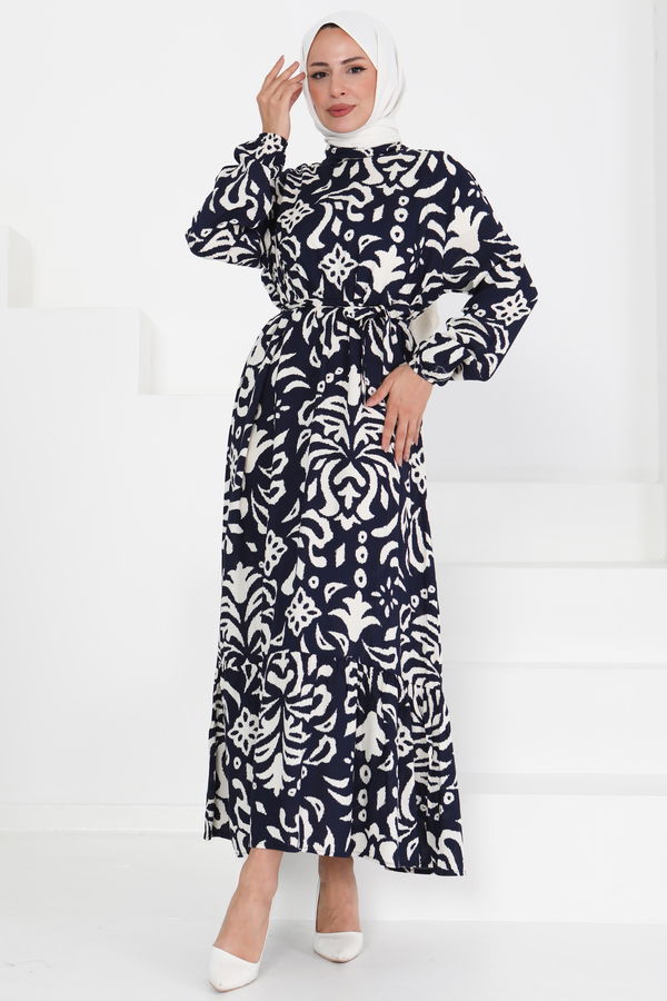 Kuşaklı Desenli Elbise - 27394 LACİVERT