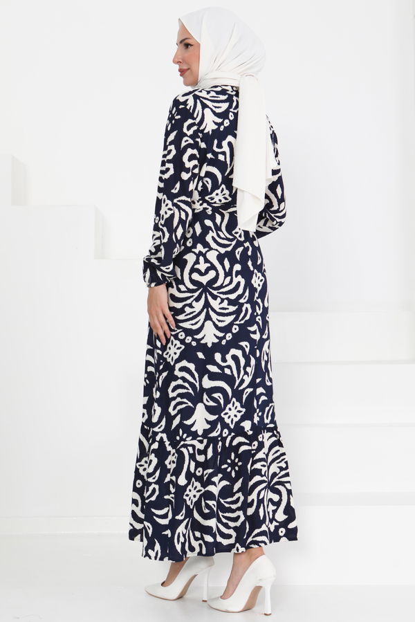 Kuşaklı Desenli Elbise - 27394 LACİVERT