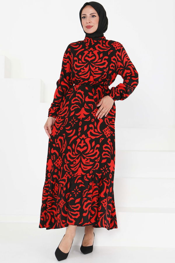 Kuşaklı Desenli Elbise - 27394 Kırmızı