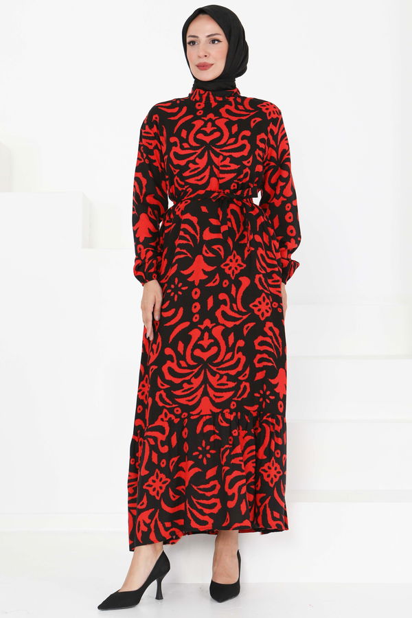 Kuşaklı Desenli Elbise - 27394 Kırmızı