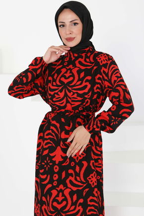 Kuşaklı Desenli Elbise - 27394
