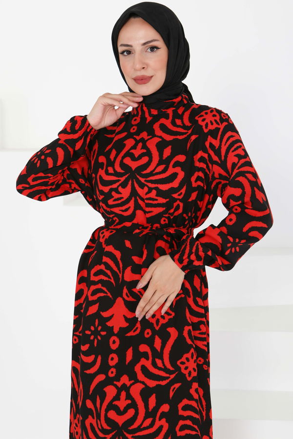 Kuşaklı Desenli Elbise - 27394 Kırmızı