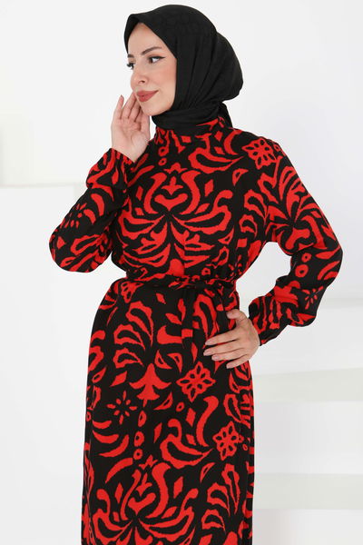 Kuşaklı Desenli Elbise - 27394 Kırmızı