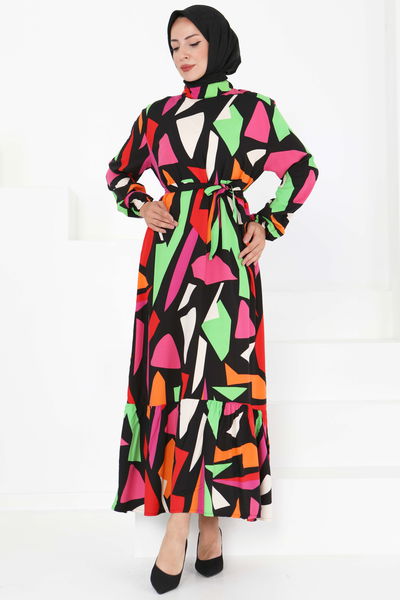 Kuşaklı Desenli Elbise - 27395 PEMBE