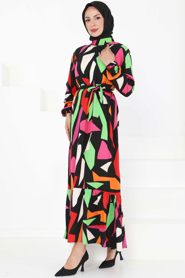 Kuşaklı Desenli Elbise - 27395 PEMBE