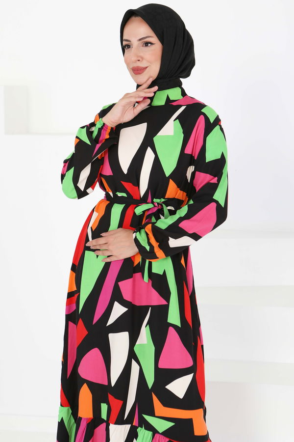 Kuşaklı Desenli Elbise - 27395 PEMBE