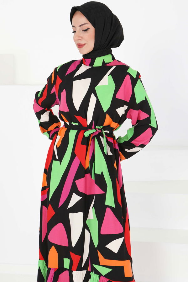 Kuşaklı Desenli Elbise - 27395 PEMBE