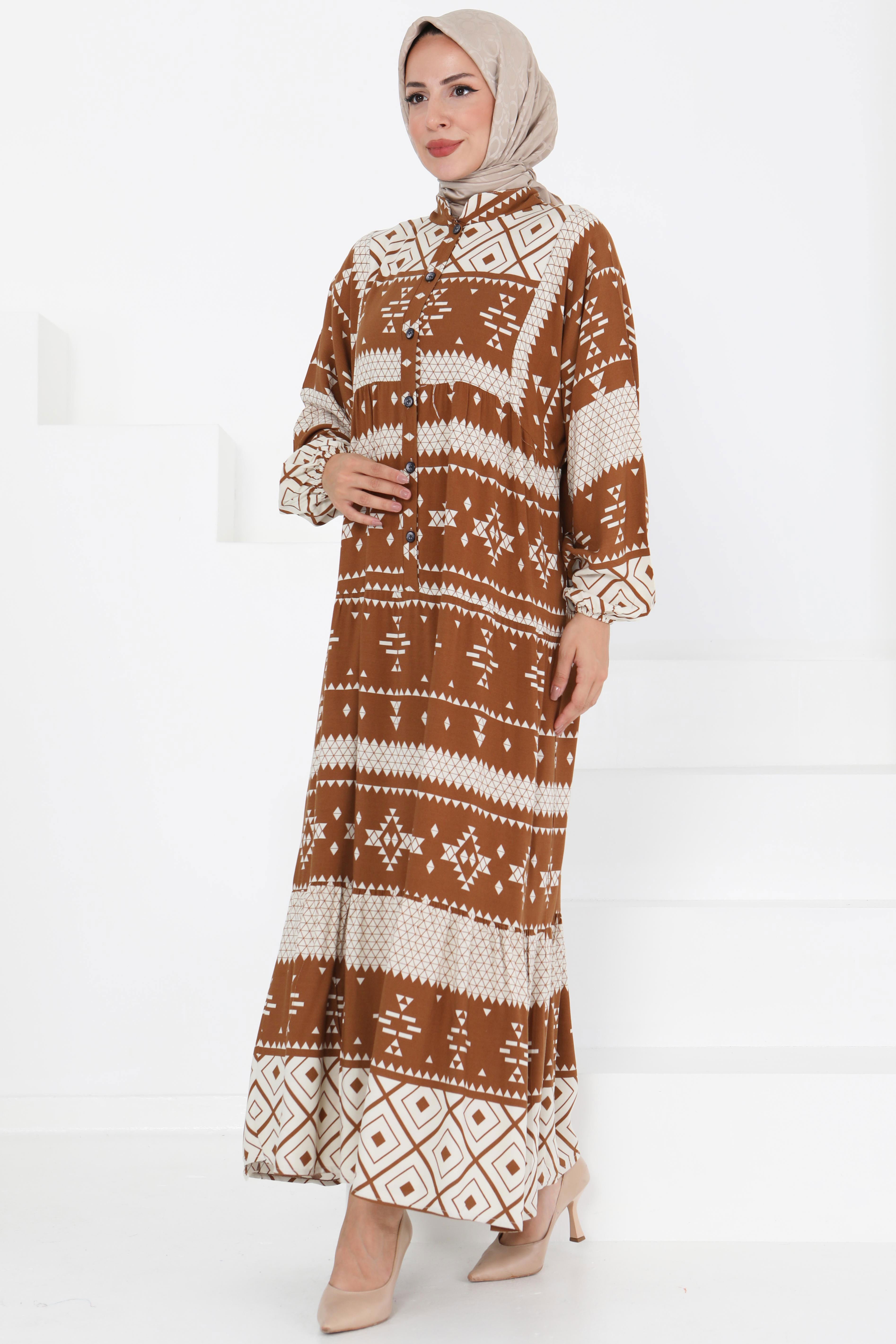Düğme Detaylı Elbise - 27396 KAHVERENGİ