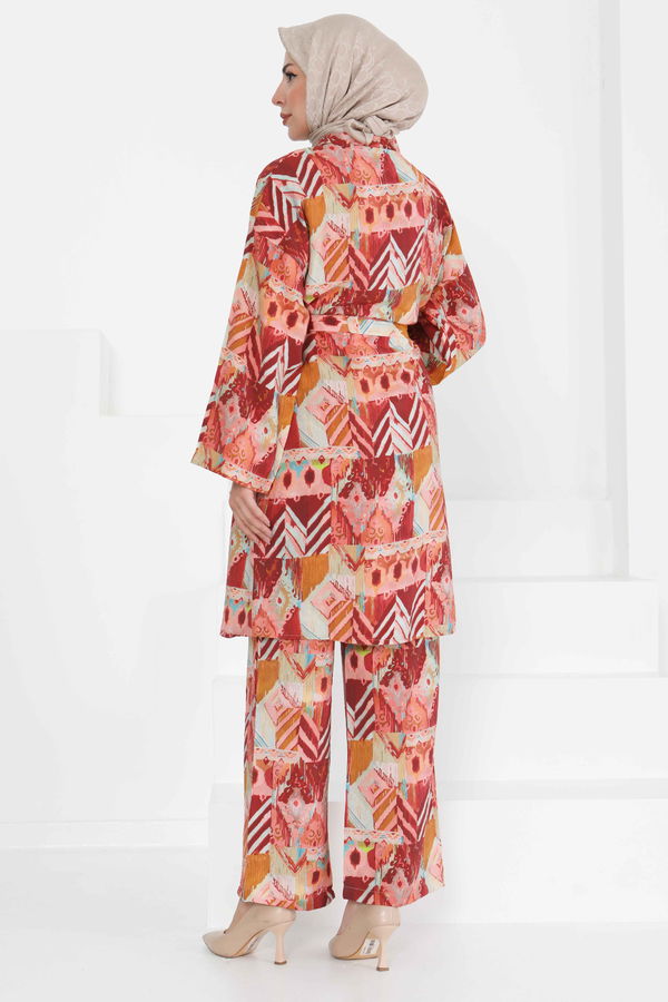 Desenli Kimono İkili Takım - 27436 BORDO