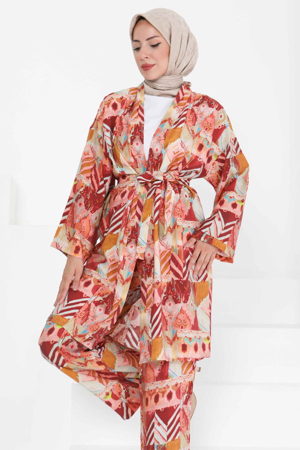 Desenli Kimono İkili Takım - 27436 BORDO