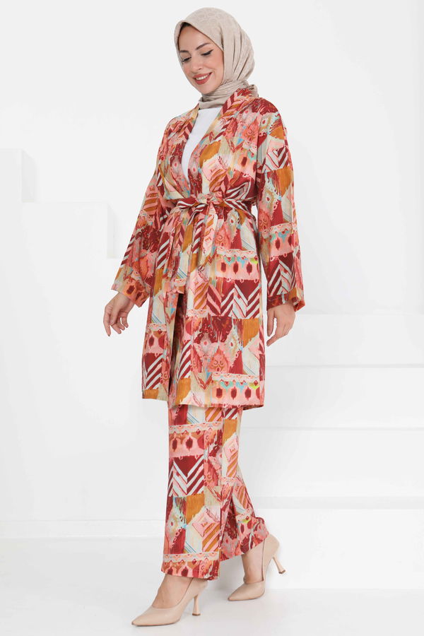 Desenli Kimono İkili Takım - 27436 BORDO