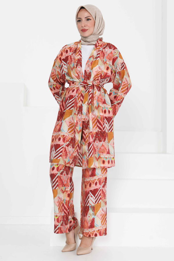Desenli Kimono İkili Takım - 27436 BORDO