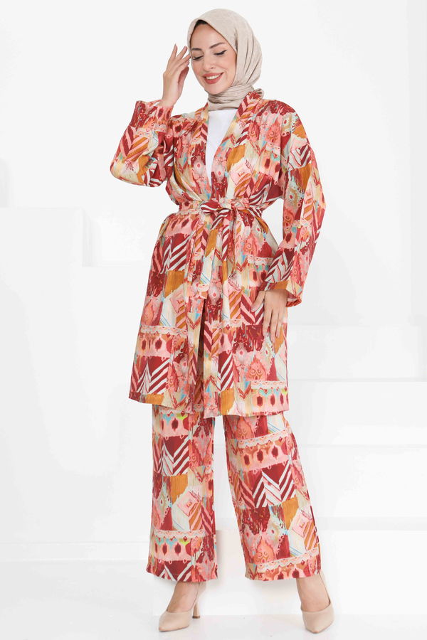 Desenli Kimono İkili Takım - 27436 BORDO