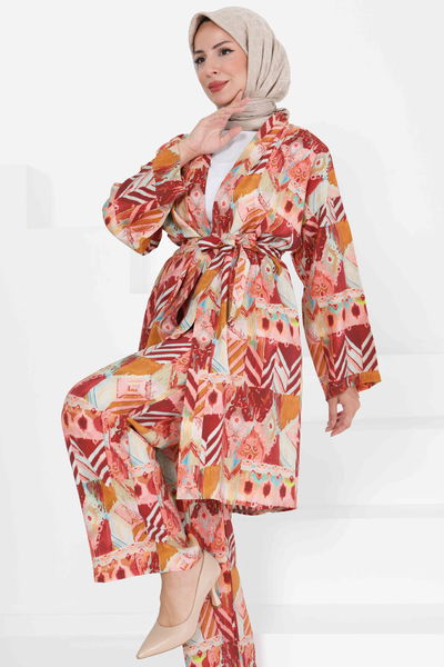 Desenli Kimono İkili Takım - 27436 BORDO