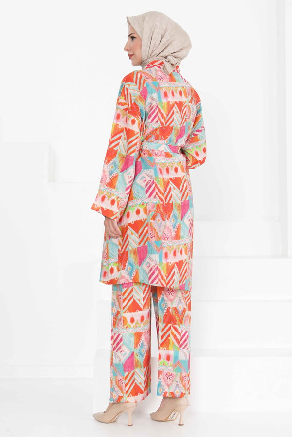 Desenli Kimono İkili Takım - 27436 TURUNCU