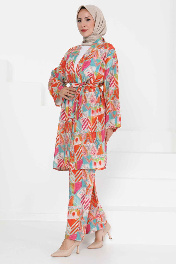 Desenli Kimono İkili Takım - 27436 TURUNCU