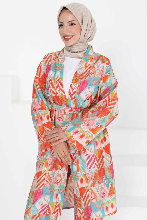 Desenli Kimono İkili Takım - 27436 TURUNCU