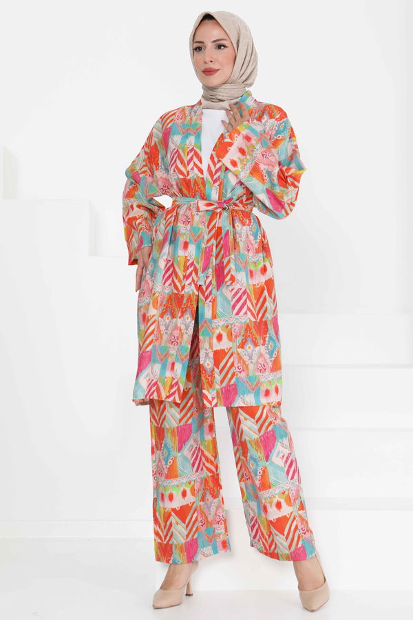 Desenli Kimono İkili Takım - 27436 TURUNCU