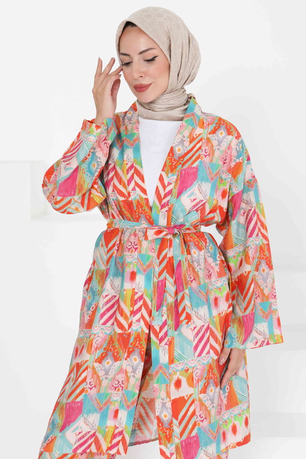 Desenli Kimono İkili Takım - 27436 TURUNCU