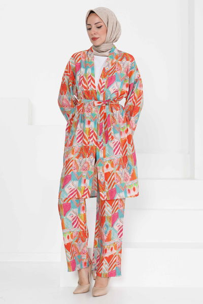 Desenli Kimono İkili Takım - 27436 TURUNCU