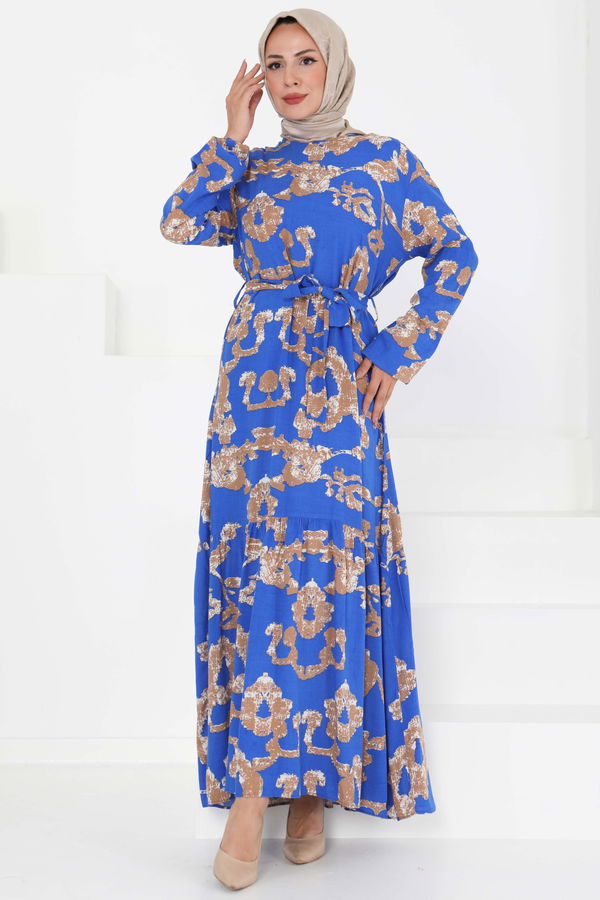 Desenli Kuşaklı Elbise - 27429 MAVİ