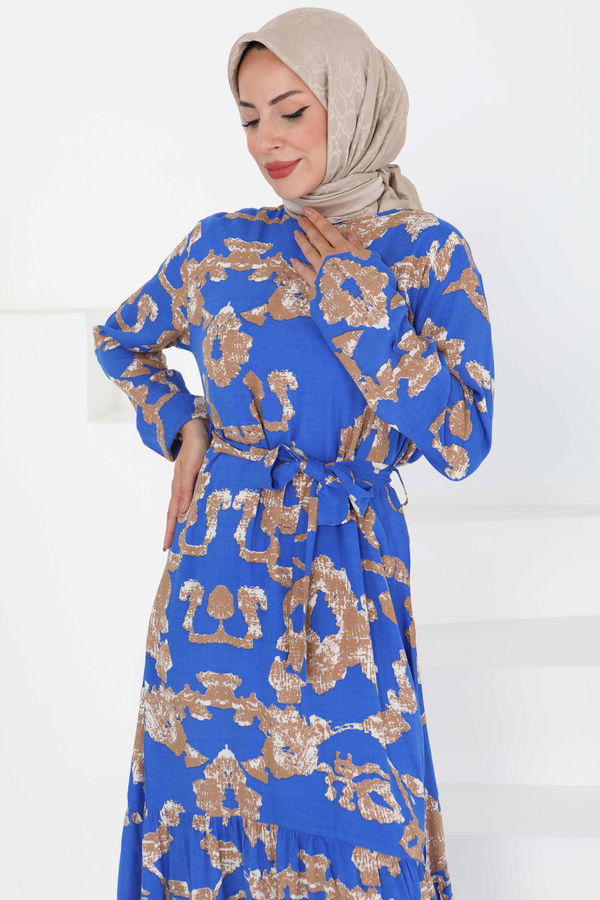 Desenli Kuşaklı Elbise - 27429 MAVİ