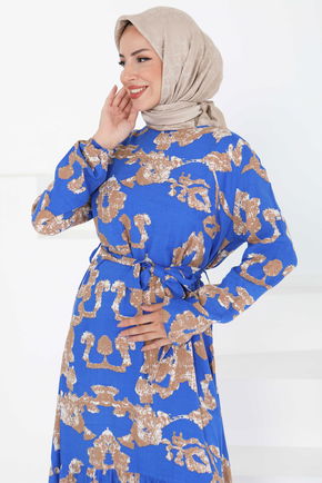 Desenli Kuşaklı Elbise - 27429