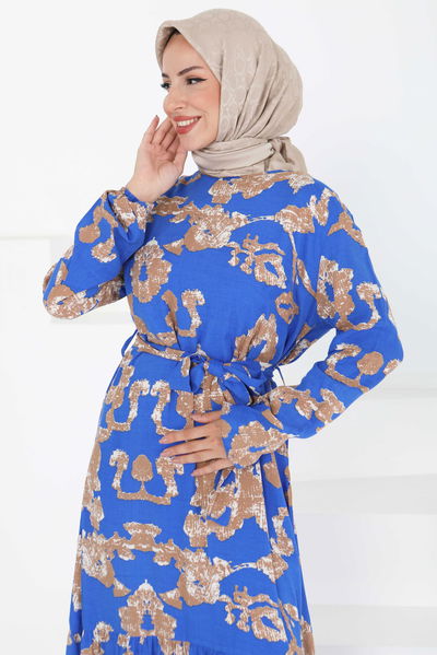 Desenli Kuşaklı Elbise - 27429 MAVİ