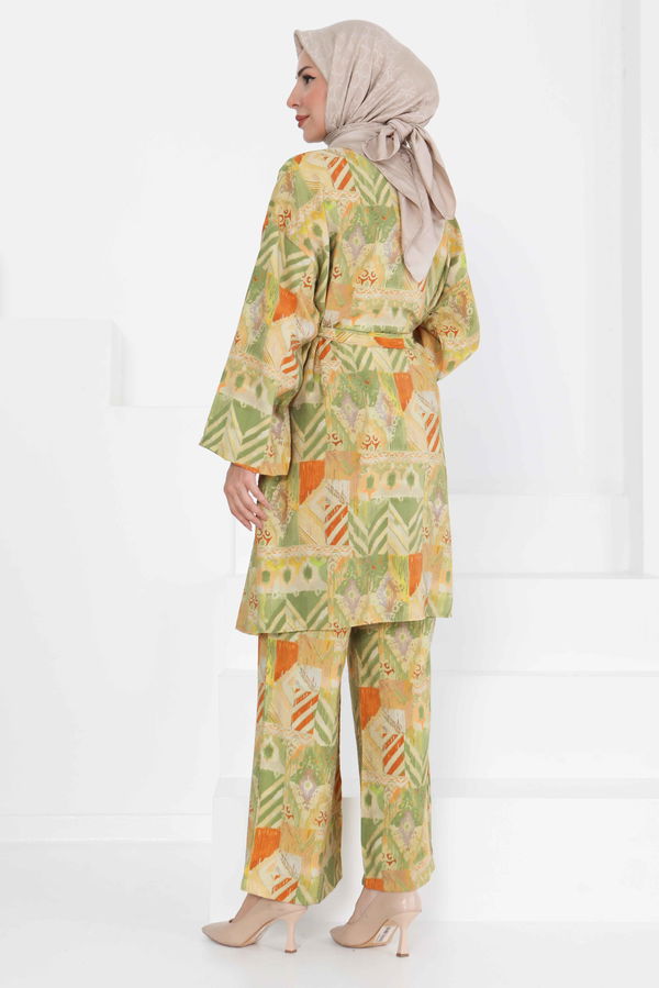 Desenli Kimono İkili Takım - 27436 YEŞİL