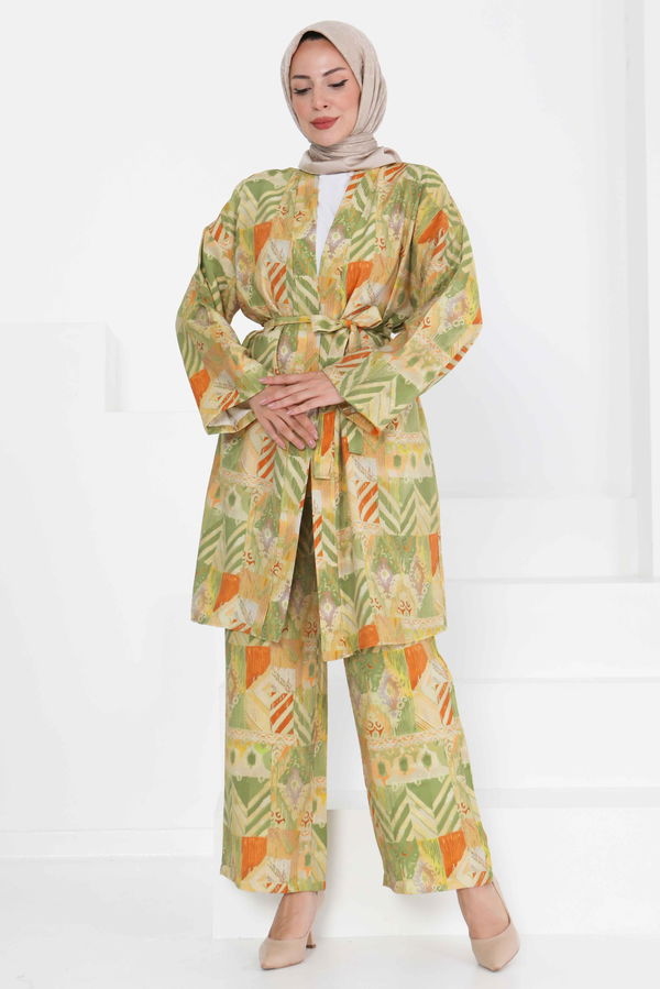 Desenli Kimono İkili Takım - 27436 YEŞİL