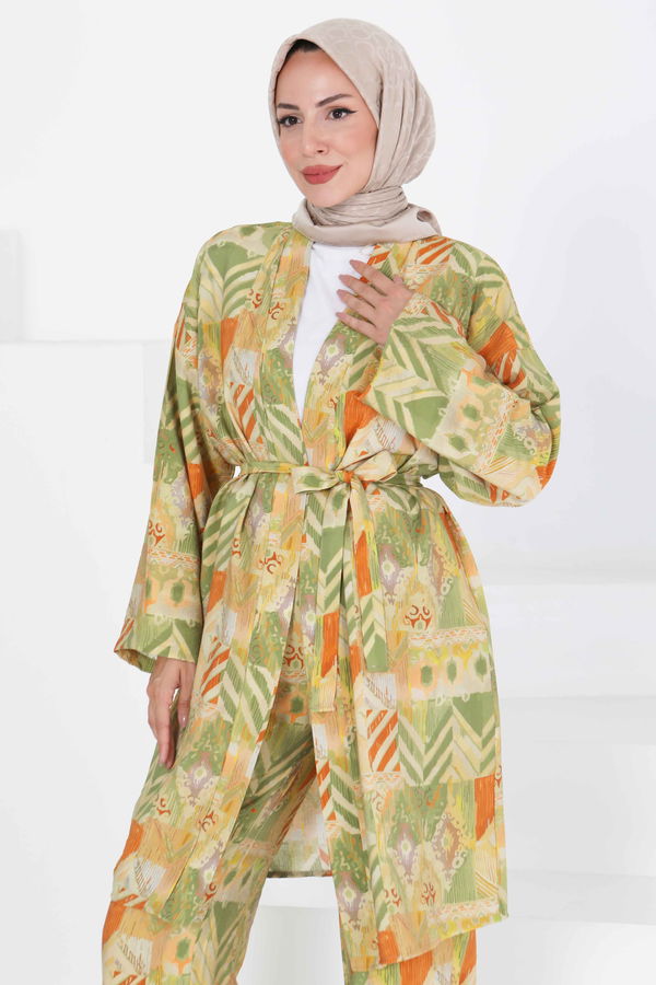 Desenli Kimono İkili Takım - 27436 YEŞİL
