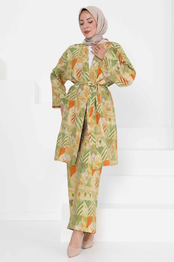 Desenli Kimono İkili Takım - 27436 YEŞİL