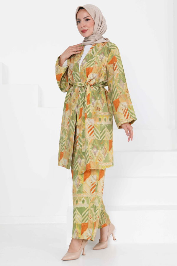 Desenli Kimono İkili Takım - 27436 YEŞİL